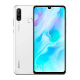 Huawei P30 Lite unlocked smartphone in white front and back view with waterdrop notch triple rear camera fingerprint
